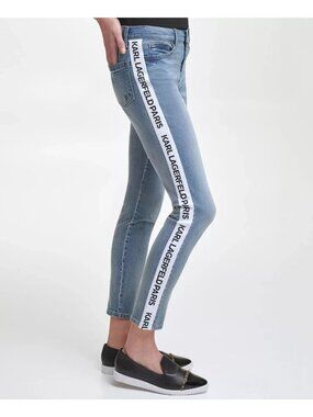 KARL LAGERFELD PARIS Women's Contrast Logo Taping Banded Jeans Blue Size 16 $100